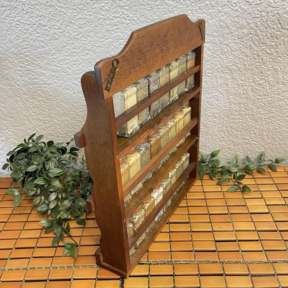 Vintage Crystal Food Products Wooden Spice Rack 3 Tier 23 Glass Cooper Tone Lids - Picture 4 of 9